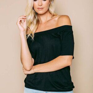 NWT Orb Life Sz S Anne Smock Neck Off Shoulder Elastic Waist Top Tee - Black